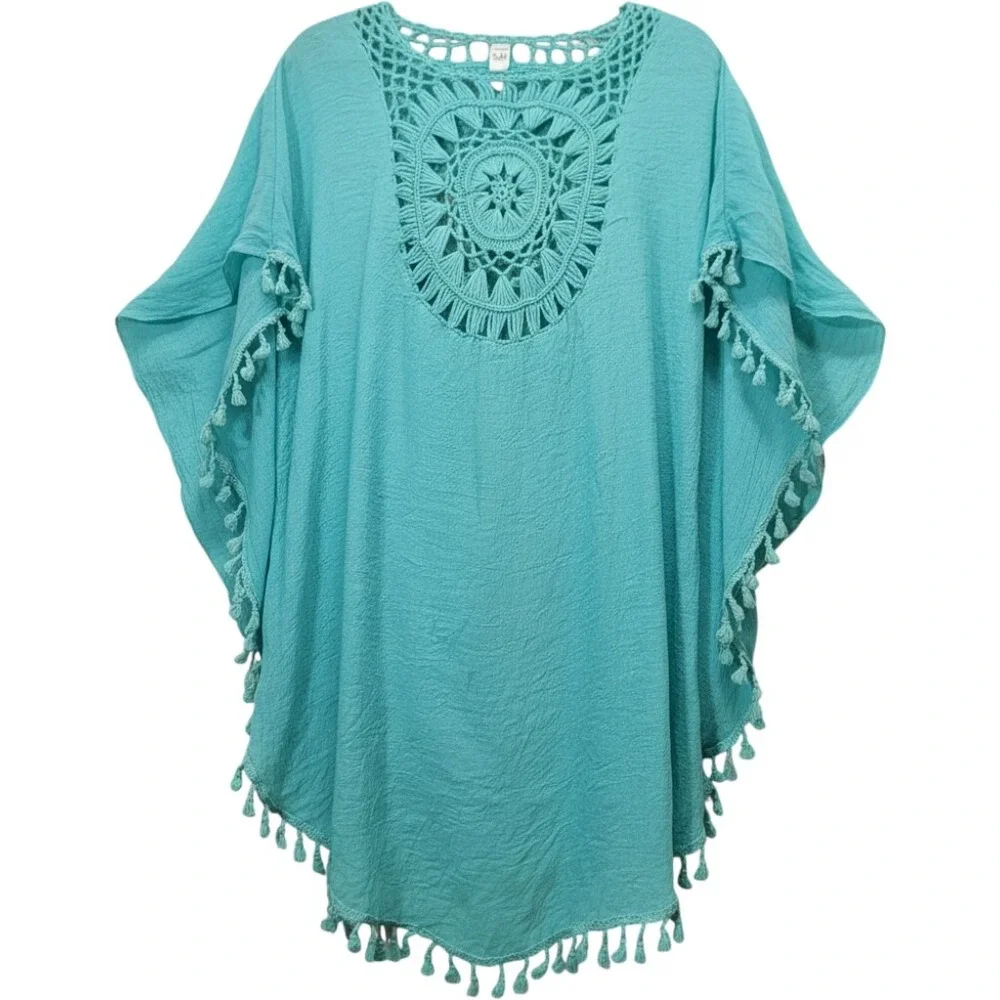 Crochet Tassel Trim Swim Cover Up Women One Size Turquoise Tiffany Blue Cruise